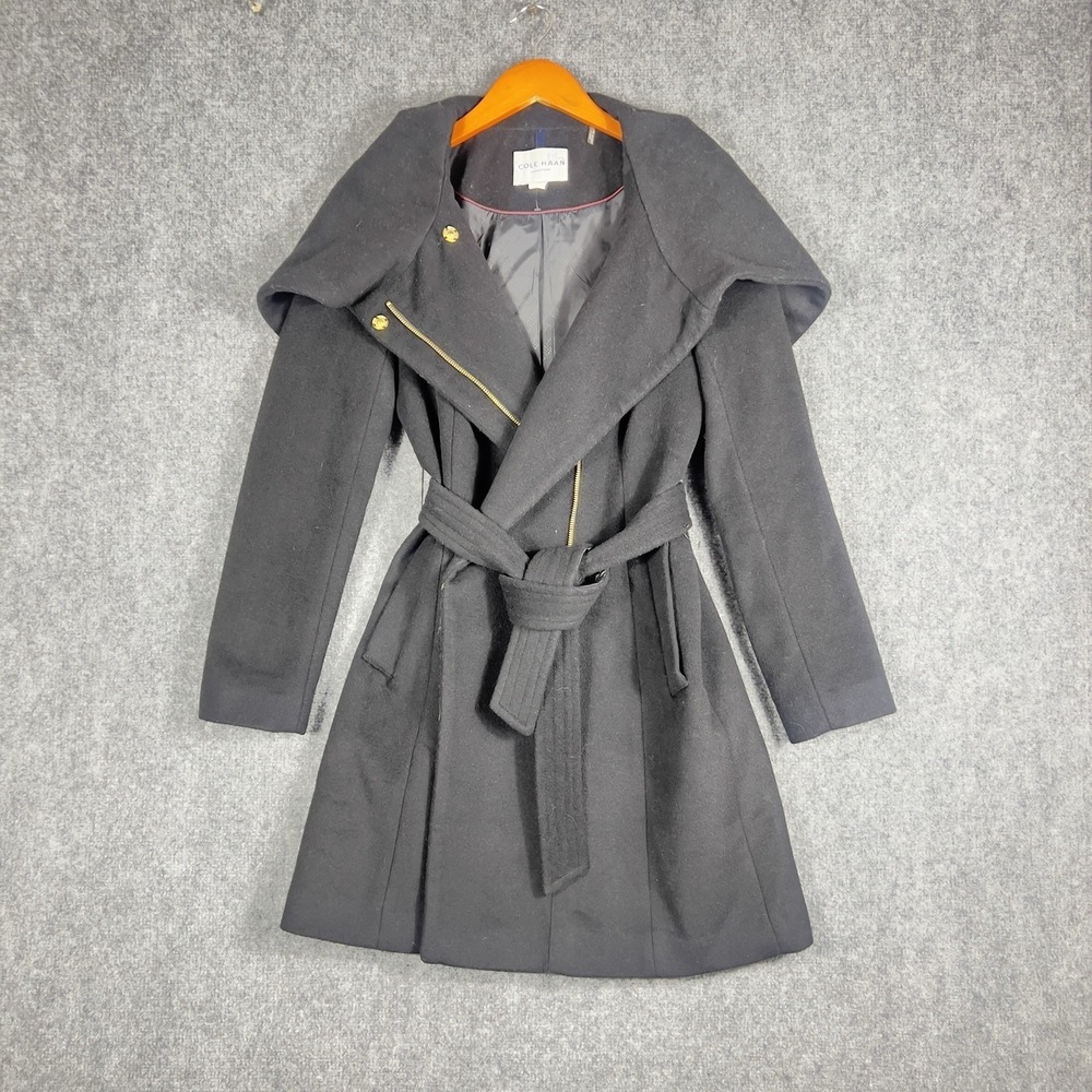 Cole Haan Signature Wool Blendâ Wrap Coat Womens Size 2 Black Belted Long Jacket